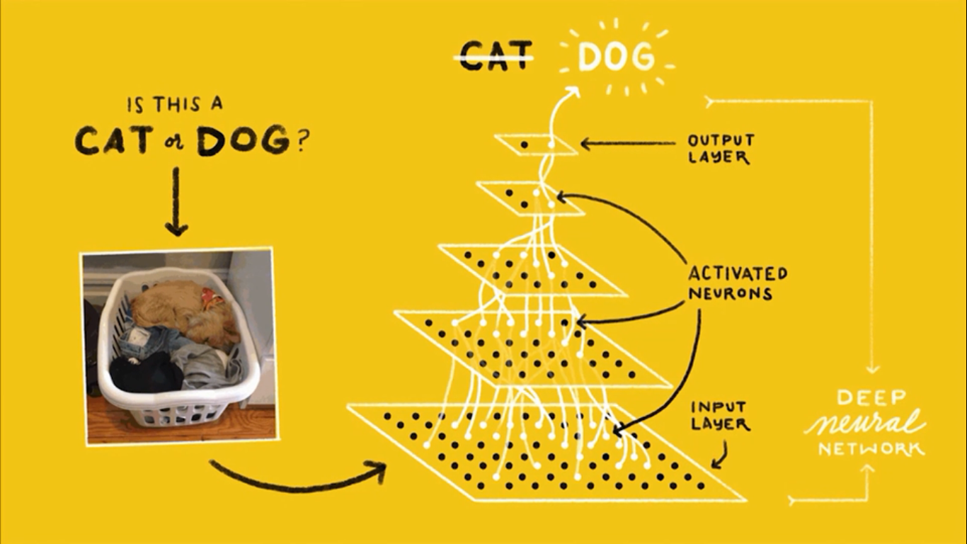 alt=a multilayered representation of different virtual neurons deciding based on learning from a training set and model whether an image contains a cat or a dog. The key is that this is done over several layers before a decision emerges.